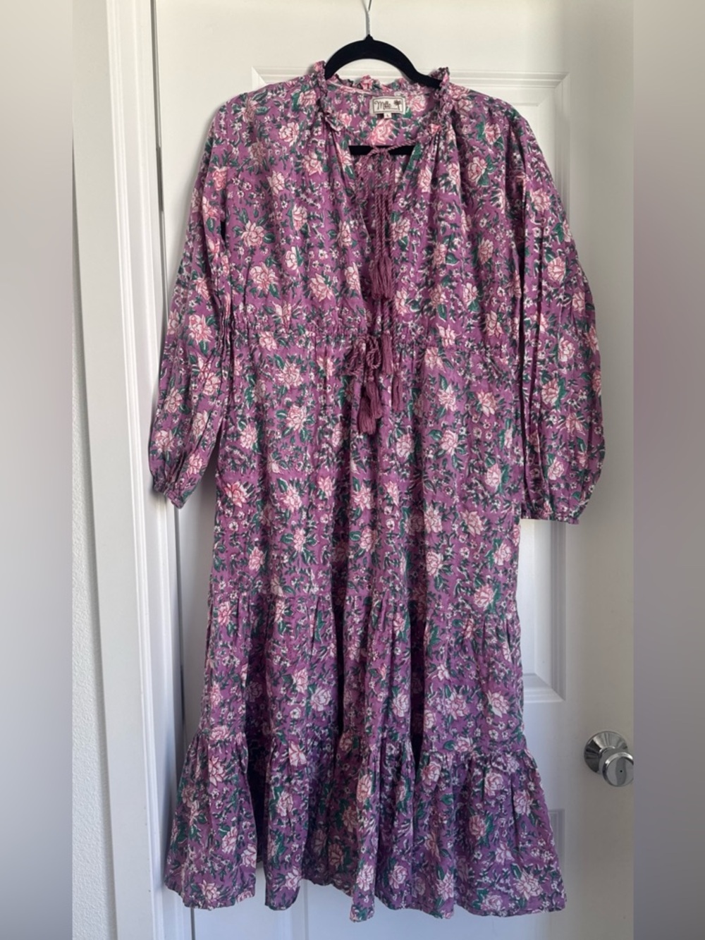 Mille Astrid Floral Cotton Purple Rose Midi Dress Ruffle Boho Size Large - Picture 2 of 7